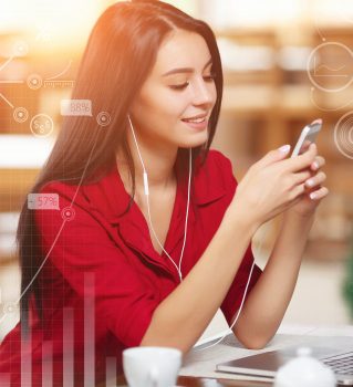 Young business woman using phone in coffee shop. Successful business woman. Business infographic